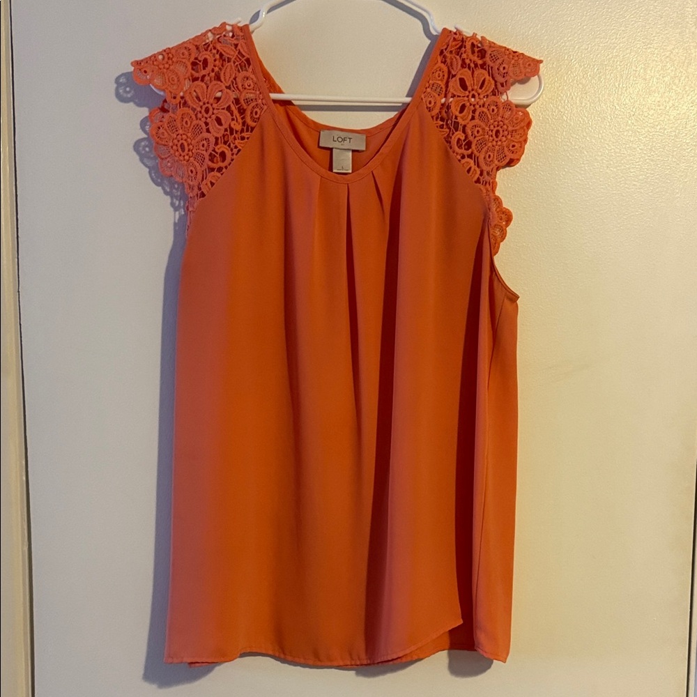LOFT Women's Vibrant Orange Blouse with Lace Detail